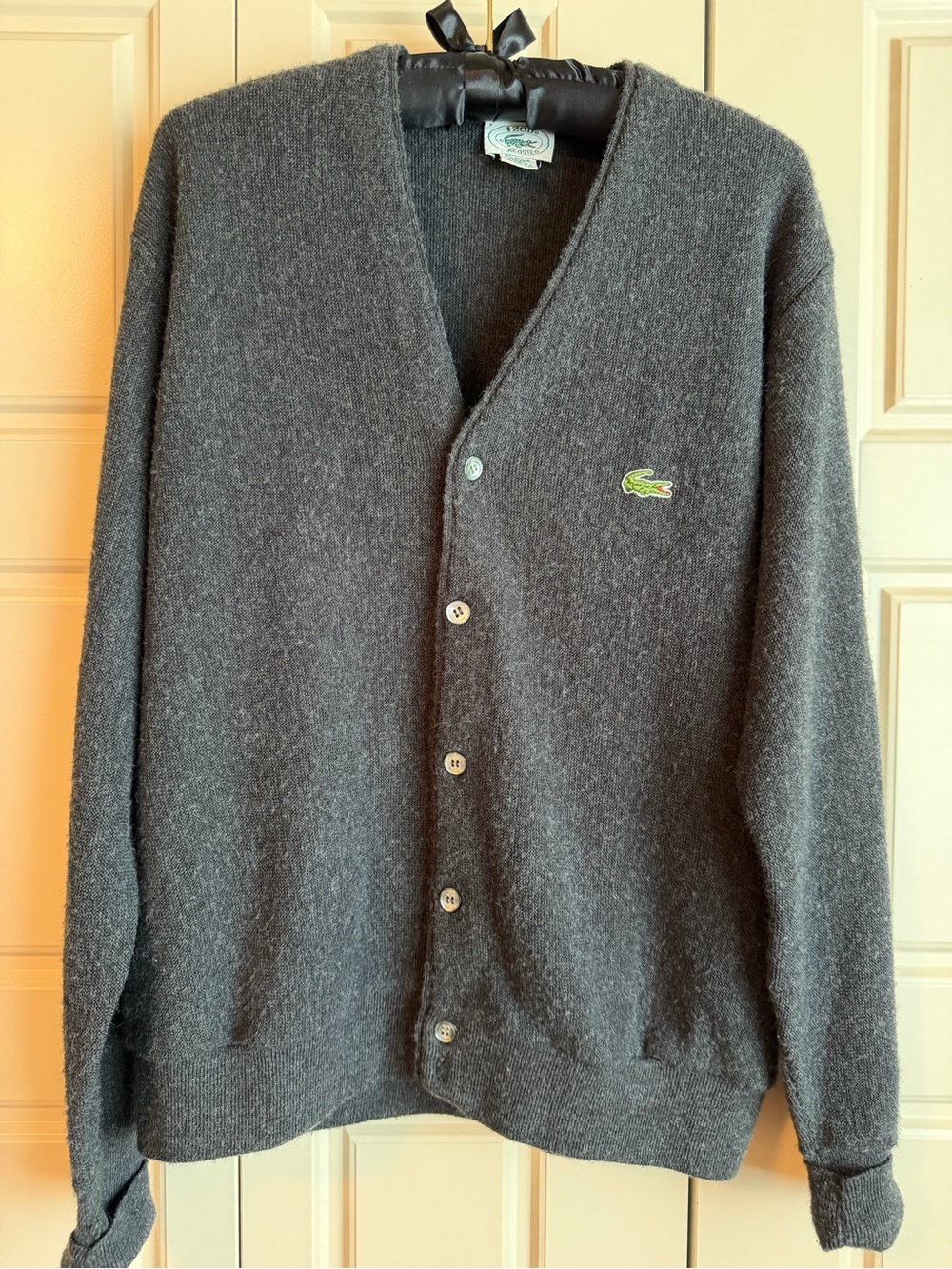 Lacoste Men's Dark Gray V-Neck Button Cardigan with Green Crocodile Logo